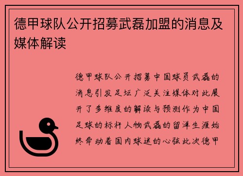 德甲球队公开招募武磊加盟的消息及媒体解读
